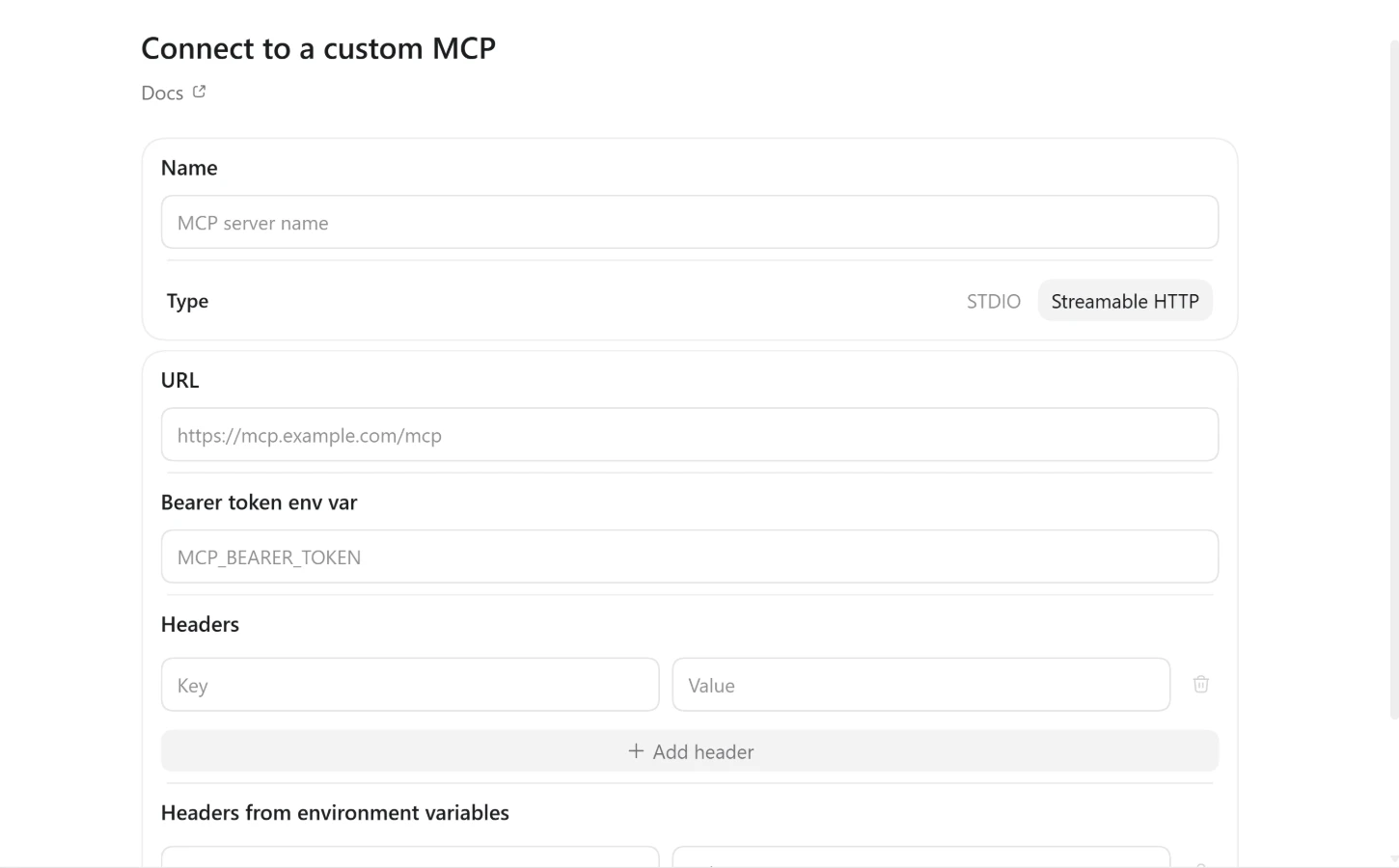 The Connect to a custom MCP form in ChatGPT with Name, Type set to Streamable HTTP, and URL fields.