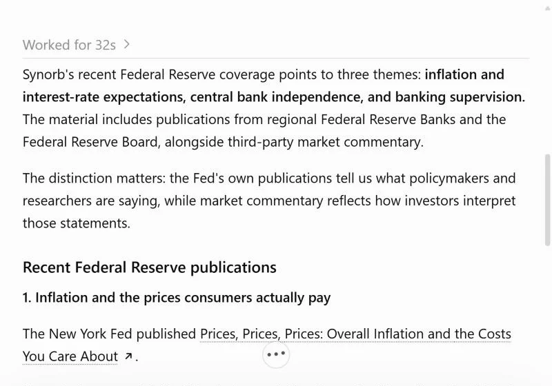 ChatGPT summarizing recent Federal Reserve publications from Synorb, with links to each publication.