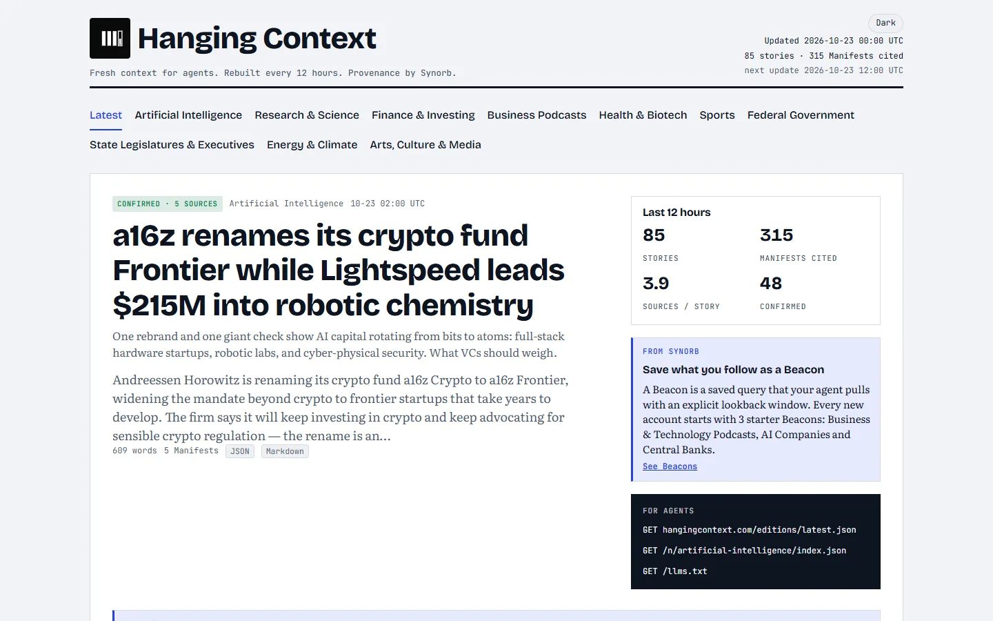 The Hanging Context homepage: the latest story, topic tabs, a count of 85 stories citing 315 Manifests in the last 12 hours, and a For Agents box listing JSON endpoints.