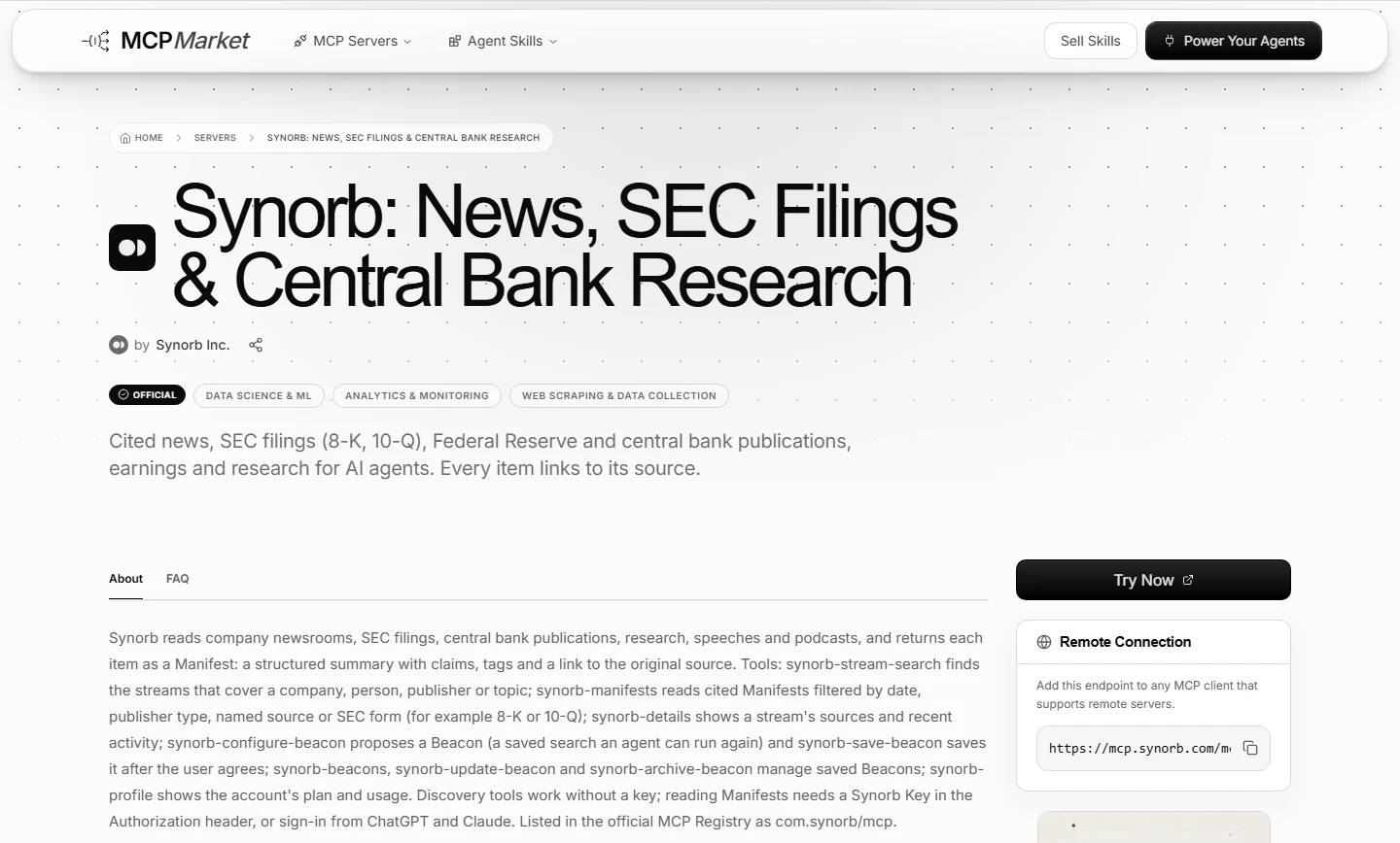 The Synorb listing on MCP Market: Synorb: News, SEC Filings & Central Bank Research, with the Official badge and the remote connection URL.