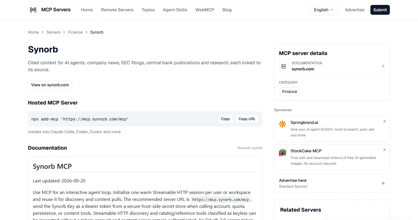 The Synorb listing on mcpservers.org: cited context for AI agents, with the hosted MCP server install command.