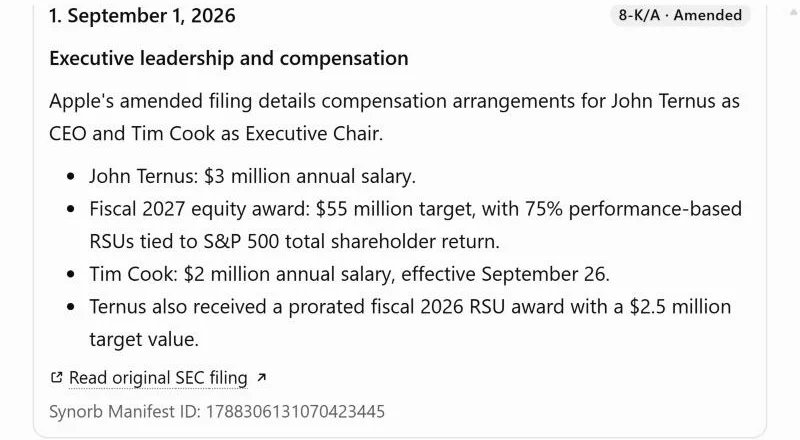 ChatGPT showing an Apple 8-K/A filing from Synorb, with key facts, a link to the SEC filing and the Manifest ID.