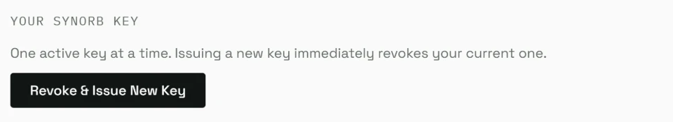 The Access page in the Synorb dashboard with the Revoke and Issue New Key button.